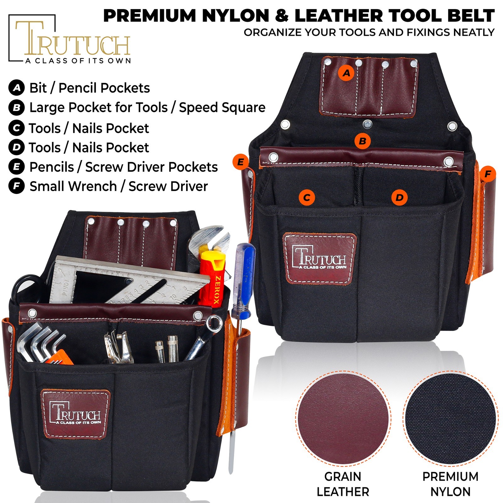 TRUTUCH Black Nylon and Leather Tool Belt | Framing Tool Bags | Nylon Tool Pouch