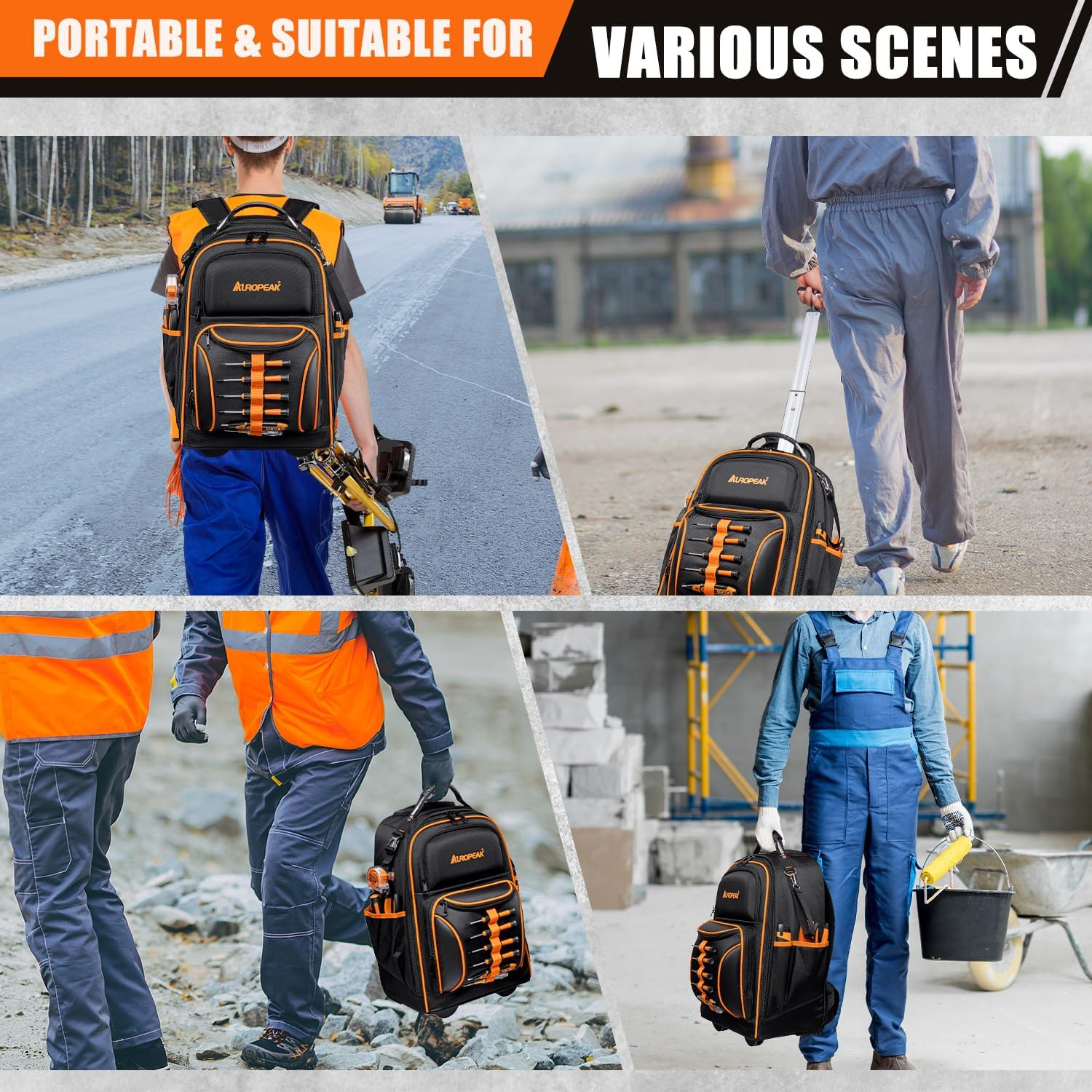 2-In-1 Rolling Tool Backpack Heavy Duty, Rolling Tool Bag with Wheels, 63-Pocket