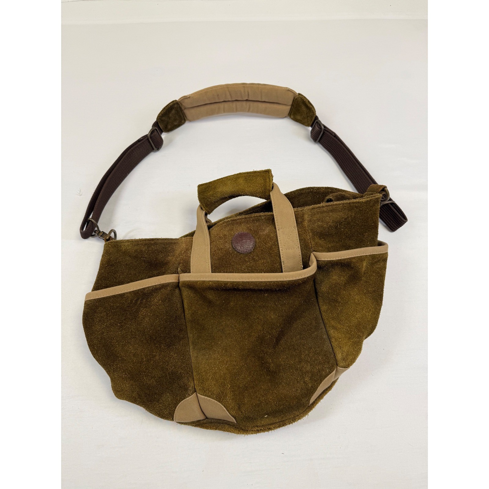 Round Suede Tool Bag Tote Canvas Trim Padded Handle Shoulder Strap Brown