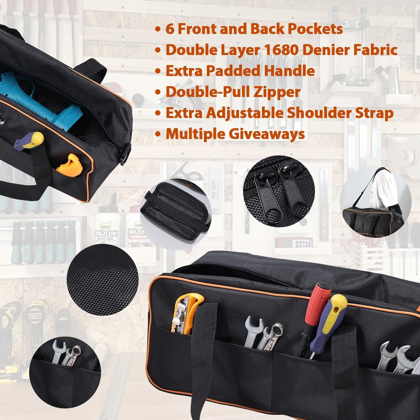 20 Inch Tool Bag Kit Set, 1680 Denier Fabric Tool Bag with Adjustable Shoulde…