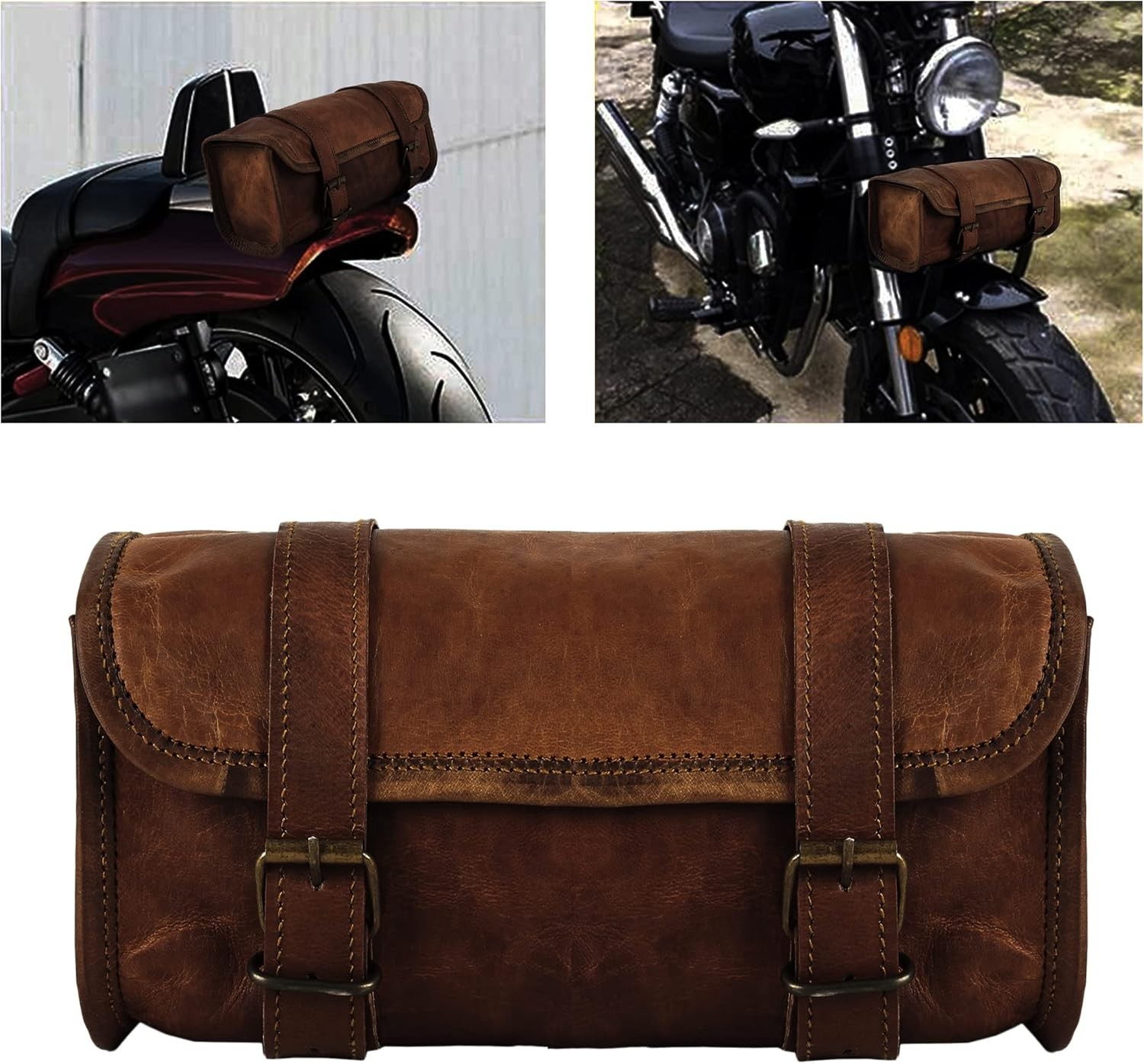 Genuine Goat Leather Vintage Motorcycle 2 Strap Buckle Closure Tool Brown Bag…