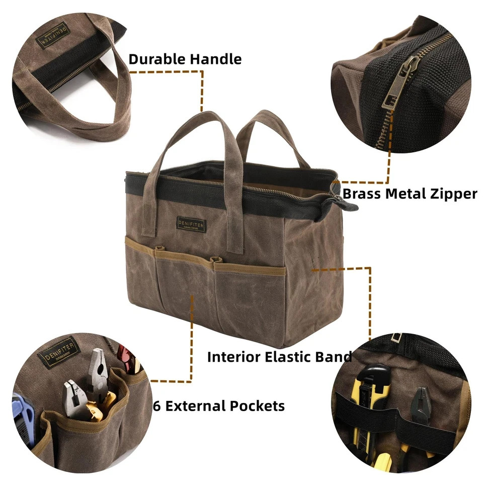 Tool Bag, 13-inch Heavy Duty 16oz Waxed Canvas Wide Mouth Water-Resistant Too