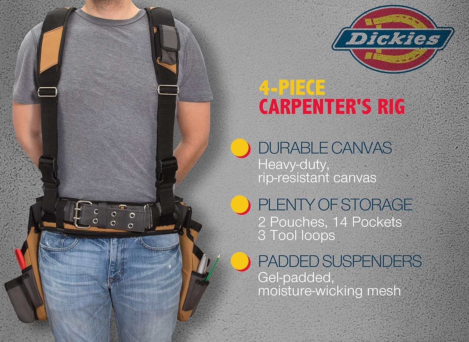 4-Piece Carpenter’s Work Rig, Padded Tool Belt Suspenders, Cooling Mesh, Leat…