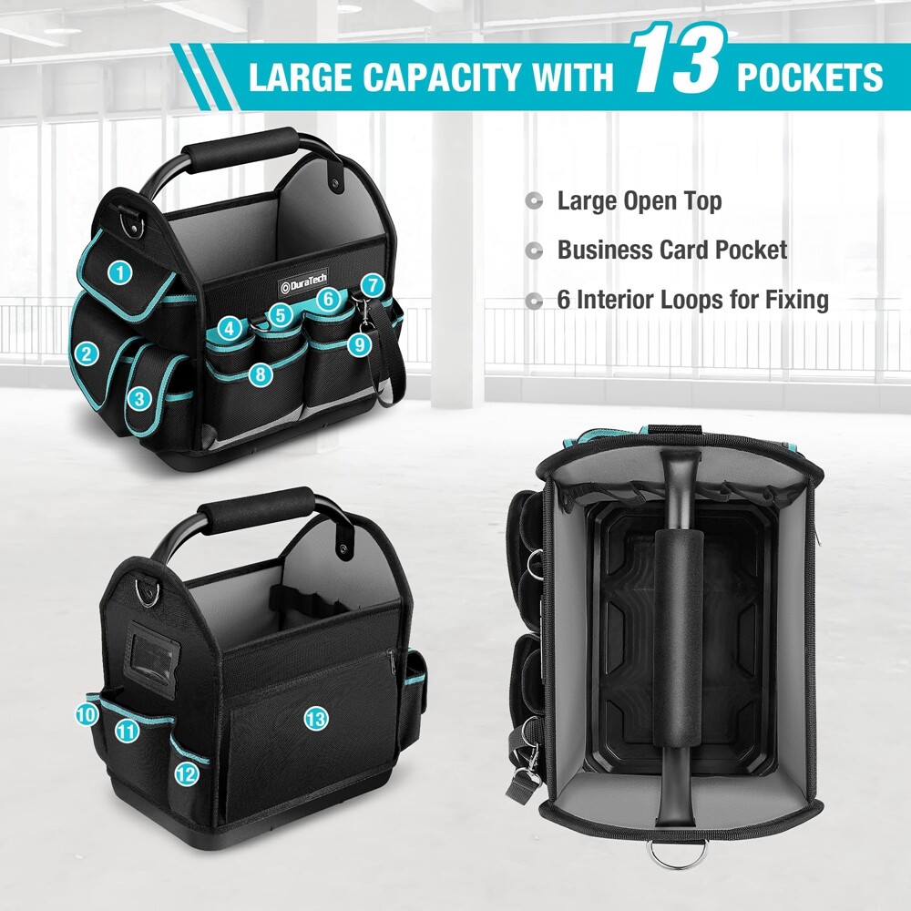 DURATECH 12″ Tool Tote Open Top Tool Bag Wide Mouth w/Multi-Pocket Tool Bag Tote