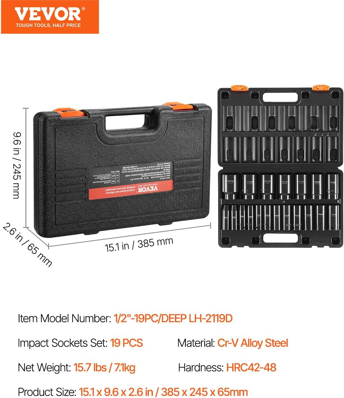 Impact Socket Set 1/2 Inches 19 Piece, Deep Socket, 6-Point Sockets, Rugged Cons