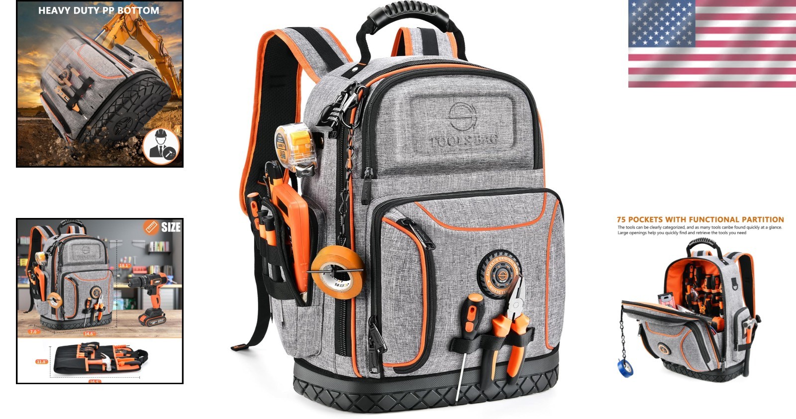 Large Grey Tool Backpack with 75 Pockets – Ultimate Organizer for Professionals