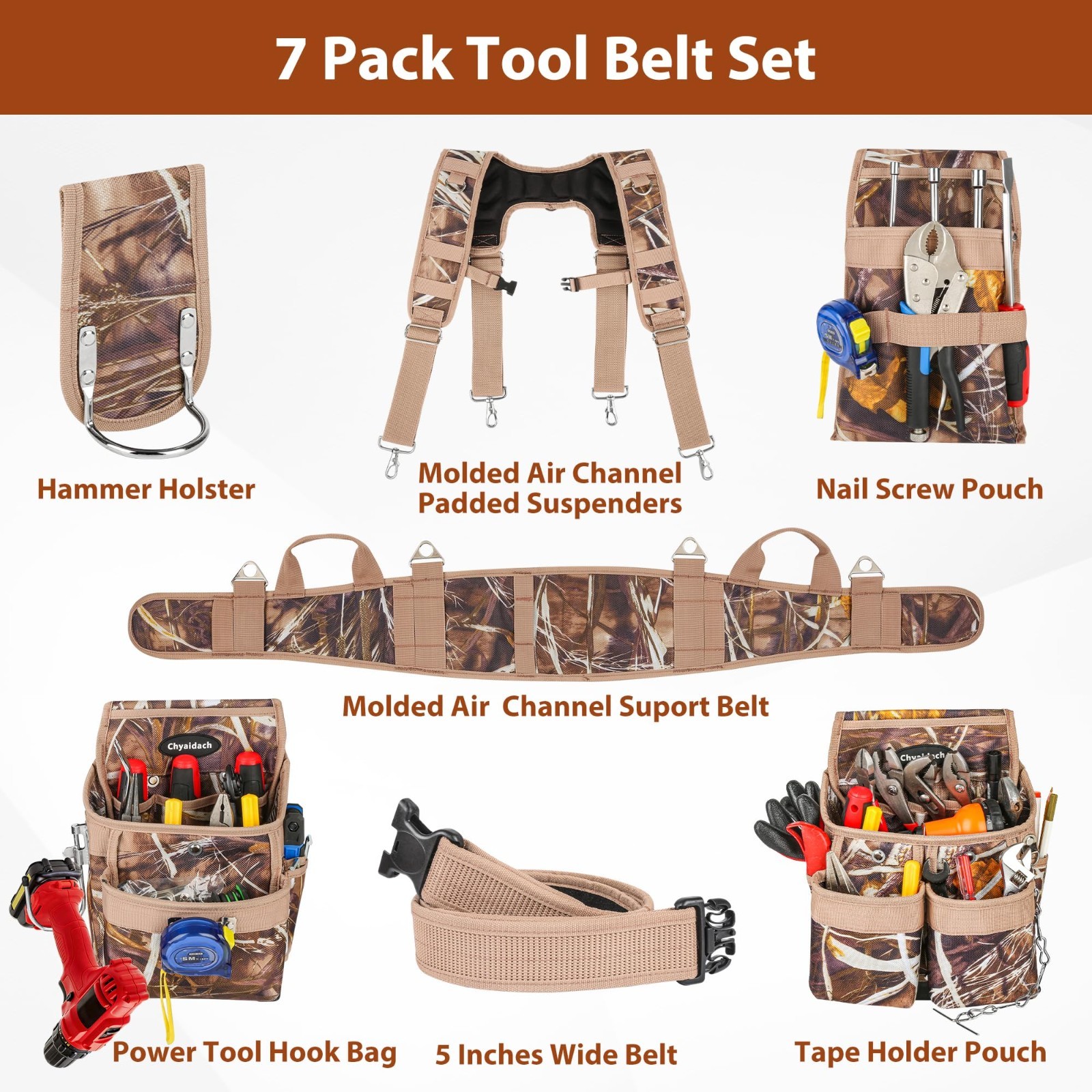 Heavy Duty Camo Tool Belt Set with Suspenders & Pouches, Carpenter Electrician R
