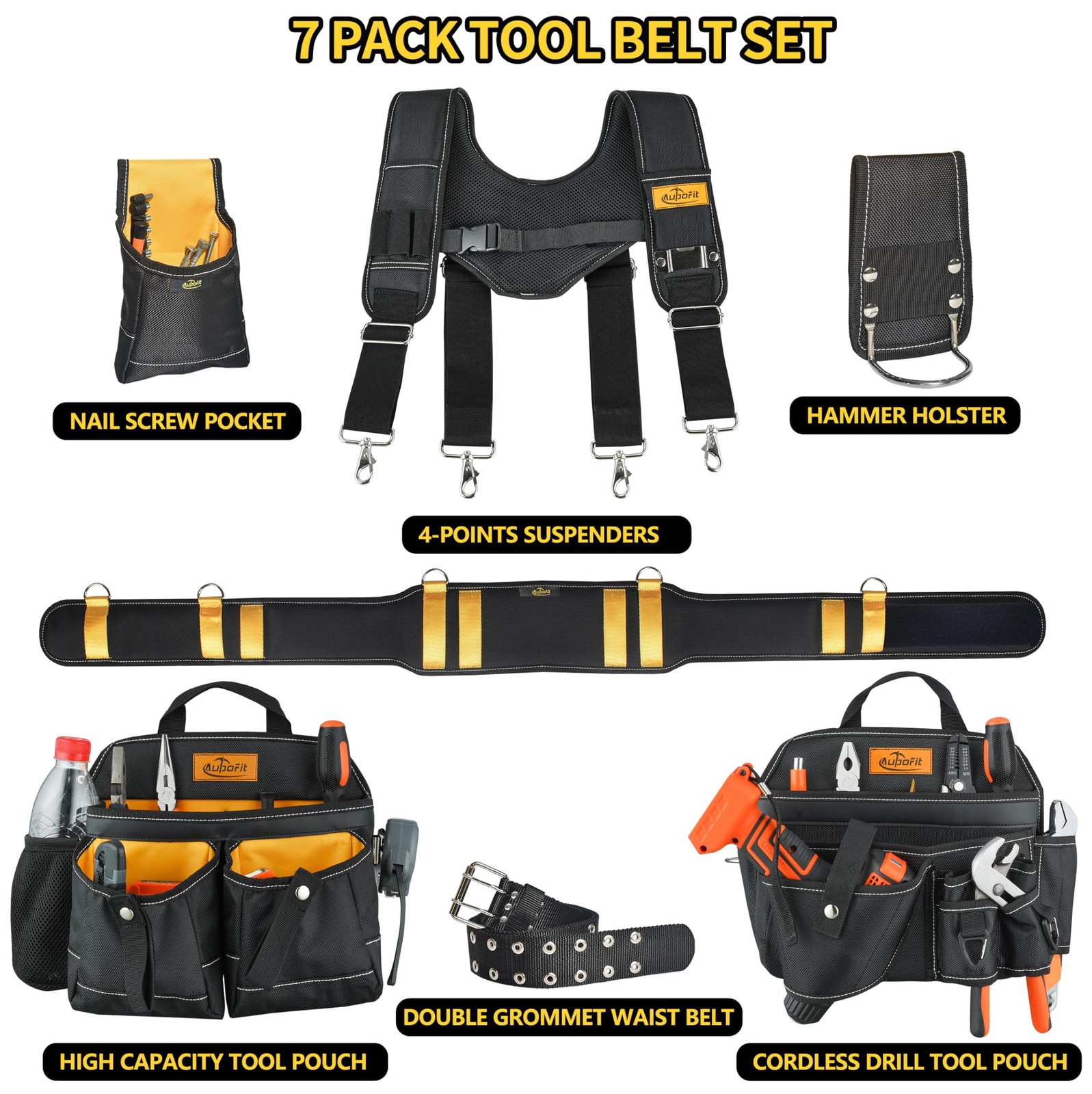 Aupofit Comfortable Tough Thick 7-Piece Tool Belt with Suspenders 32 Pockets …