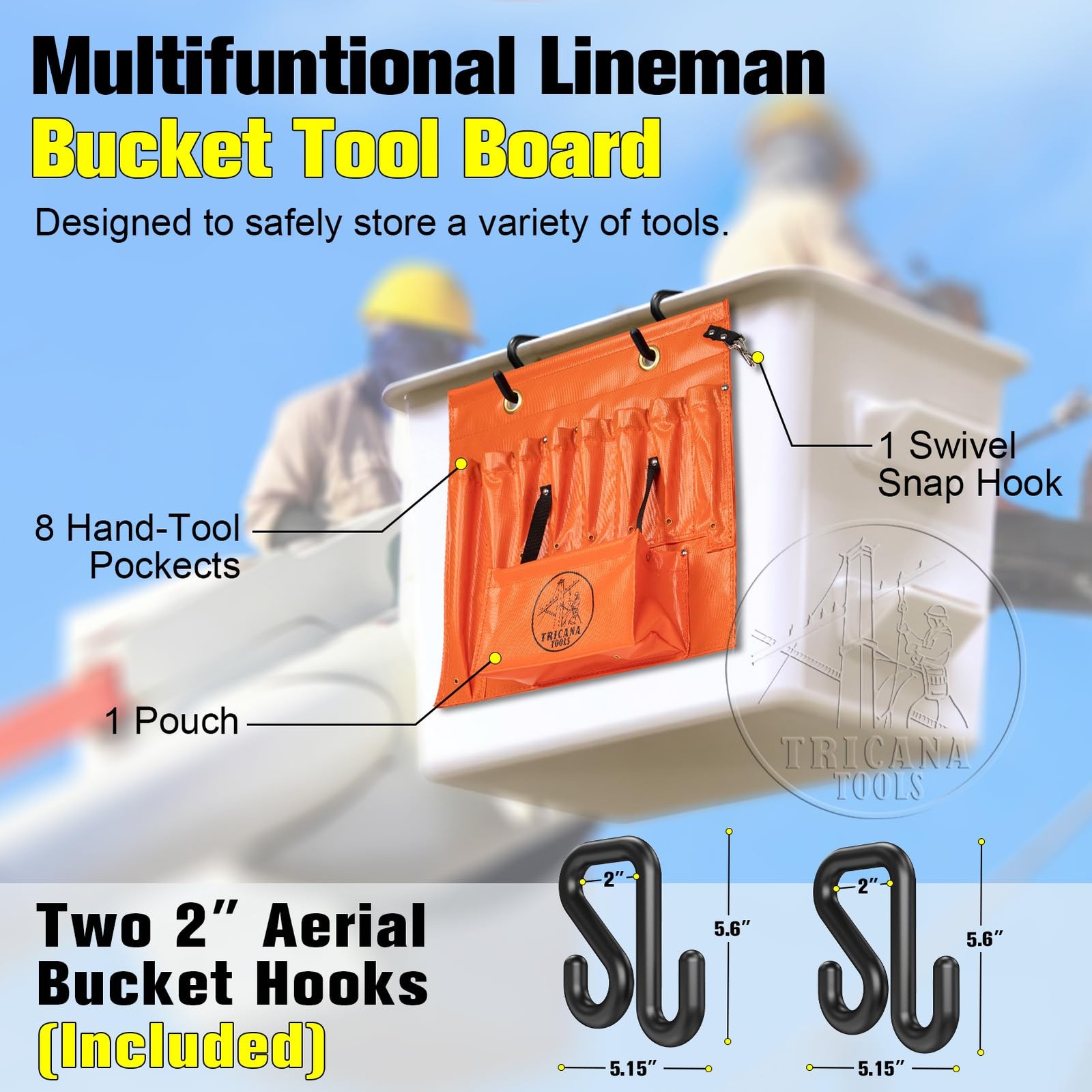 Bucket Truck Tool Organizer Aerial Apron 16 Pockets Lineman Board with 2 Hooks