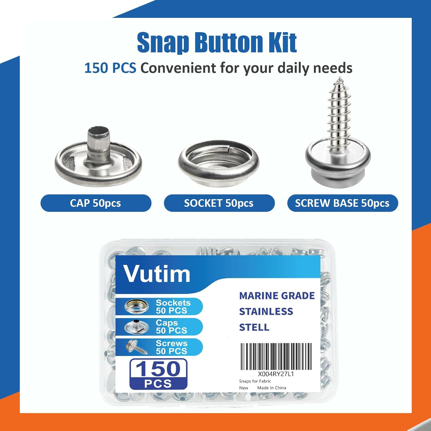 150 Piece Canvas Snap Fastener Kit Metal Button Repair Set for Leather Fabric Bo