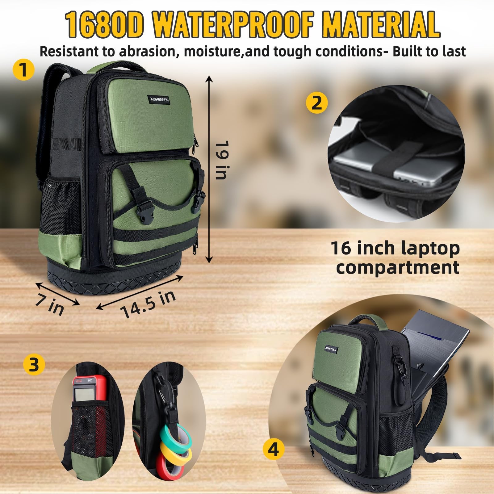 Tool Backpack Heavy Duty, Bag For 14.5″L x 7″W x 19″H, Green