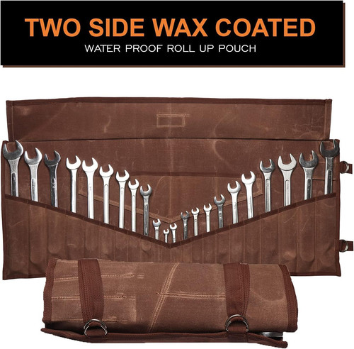 BULL TOOLS 26 Pocket Wrench Organizer Roll-Up Waxed Canvas, Cinnamon Brown