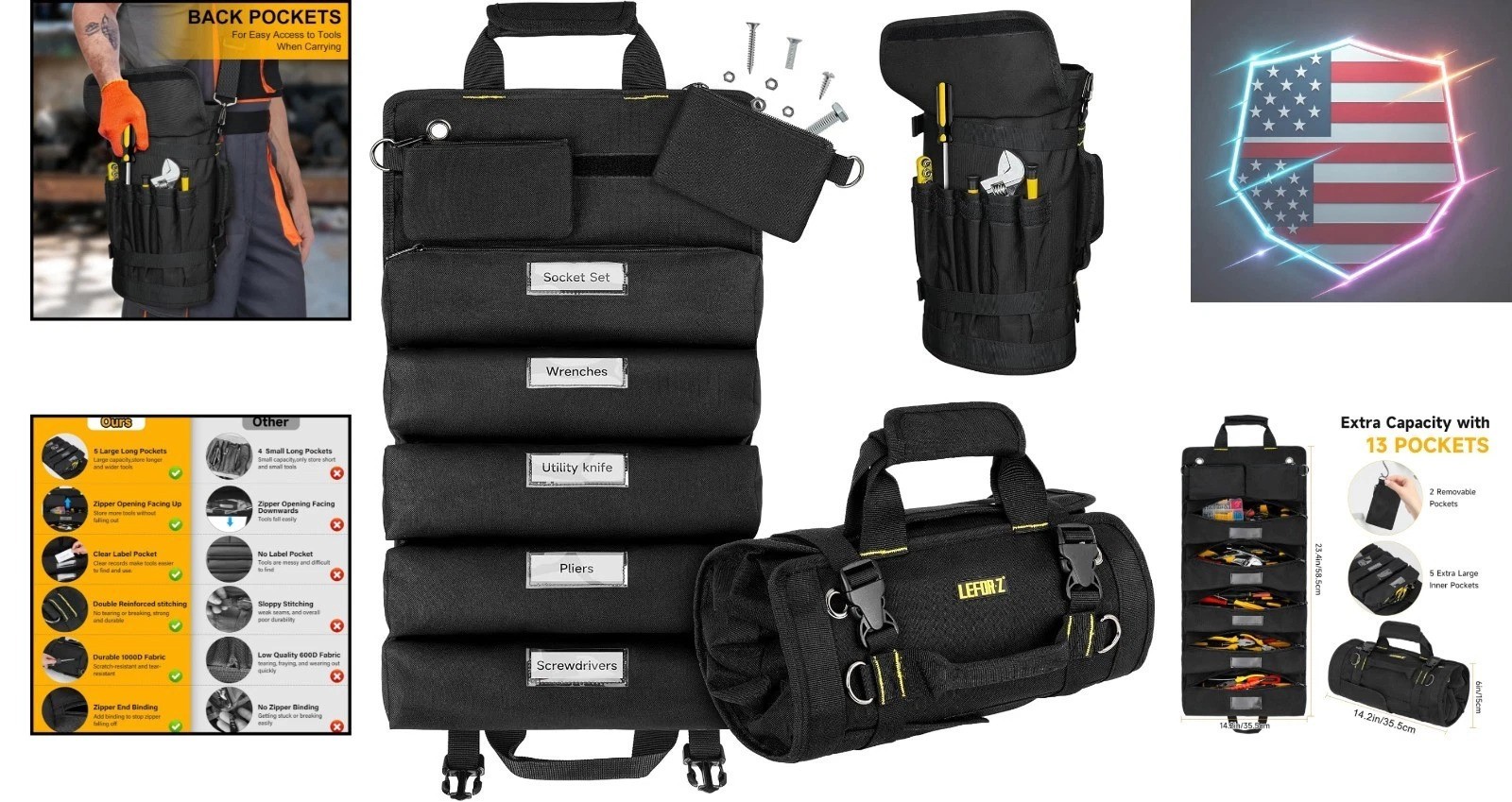 Tool Bag,Large Roll Up Tool Bag Organizer,13 Pockets Tool Roll Storage Pouch,…