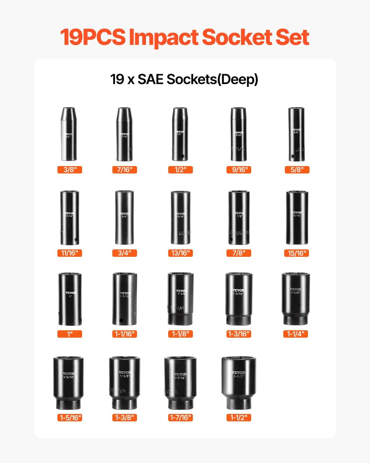Impact Socket Set 1/2 Inches 19 Piece, Deep Socket, 6-Point Sockets, Rugged Cons