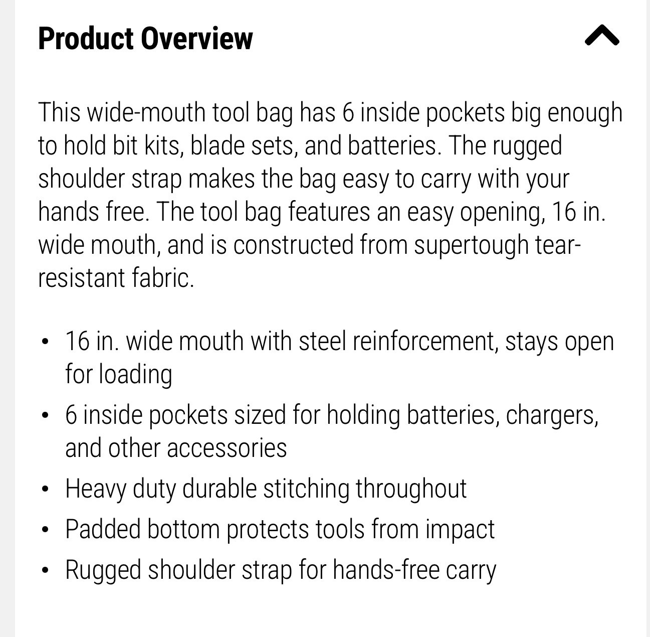 Heavy Duty Tool Bag Hercules 16 In. Wide Mouth With 6 Pockets Tear Resistant