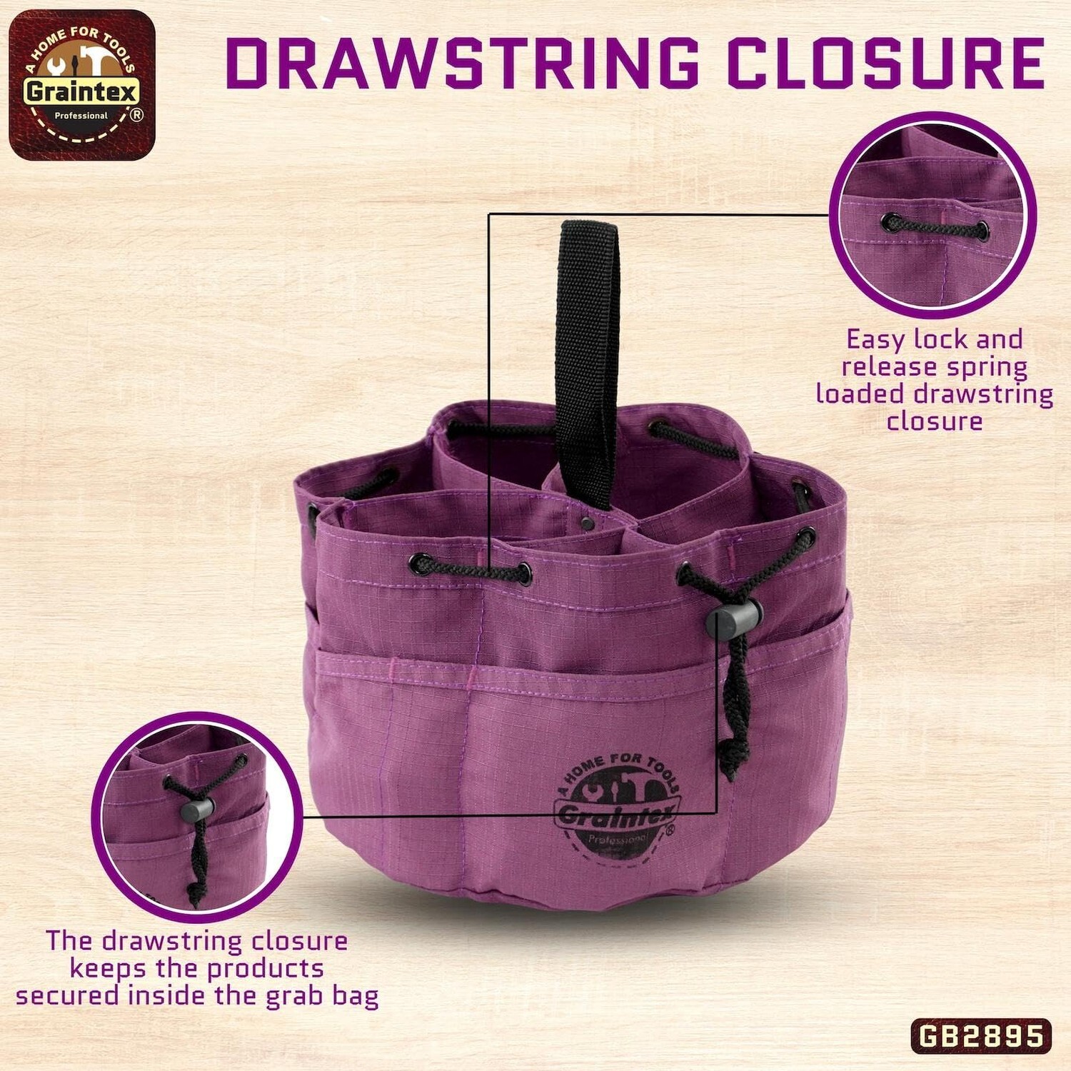 Graintex GB2895 Grab Bag Purple Color Rip-stop Canvas 18 Pockets Drawstring C…
