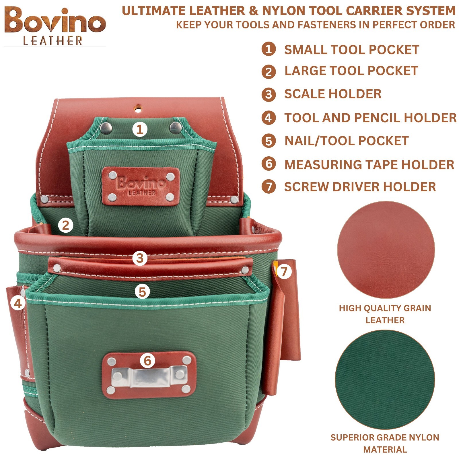 Bovino Leather Nylon Tool Belt , 21 Pockets Framer Belt, Durable Tool Pouches