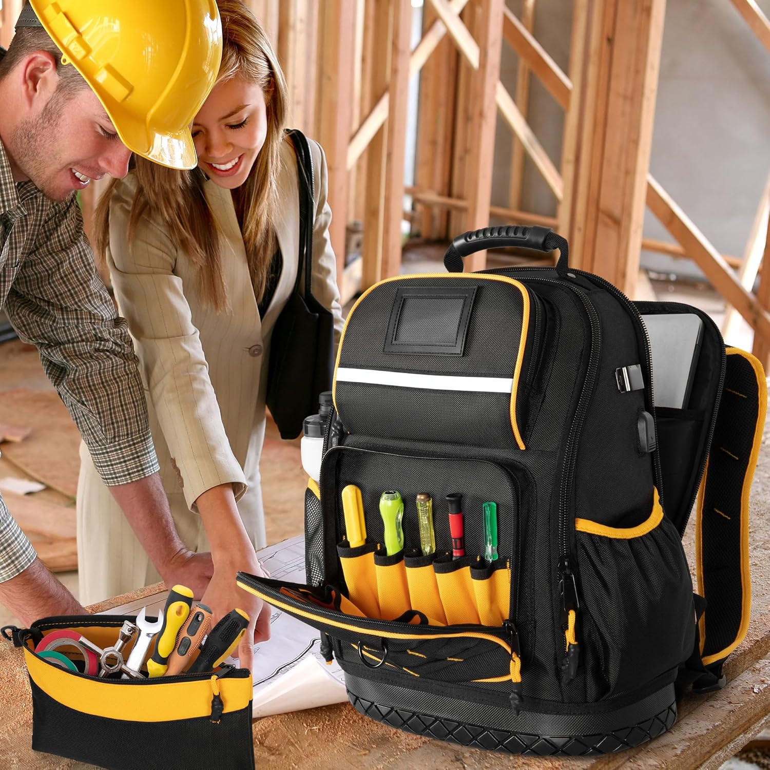 Heavy Duty Tool Backpack with Hard Bottom, Pockets & Laptop Sleeve, Black