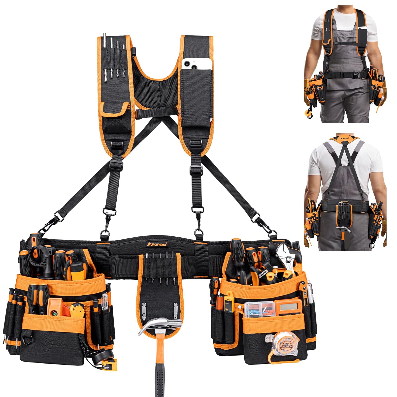 Electrician Tool Belt Suspenders, Waist belt adjusts from 33″ to 48″, Orange
