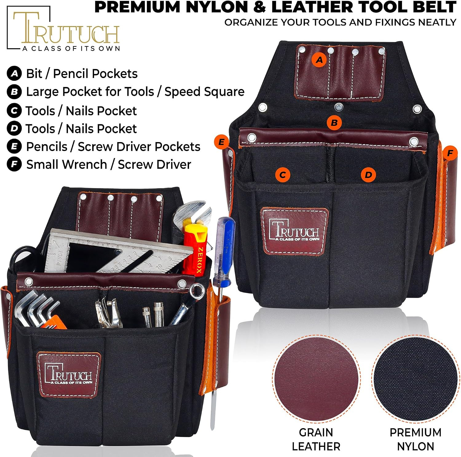 Durable Nylon & Leather Tool Belt for Carpenters & Electricians – Black 1700