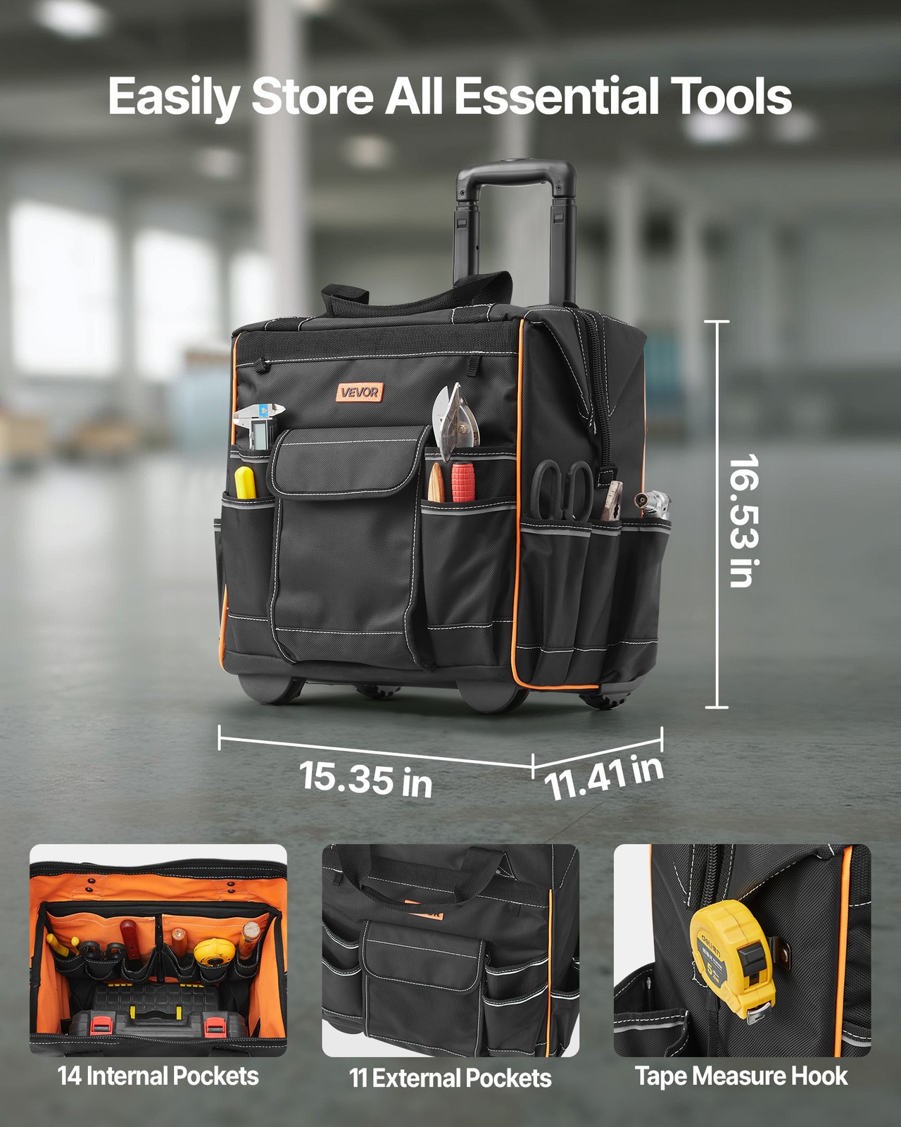 VEVOR Rolling Tool Bag 25 Pockets Heavy Duty Roller Tool Bag on Wheels