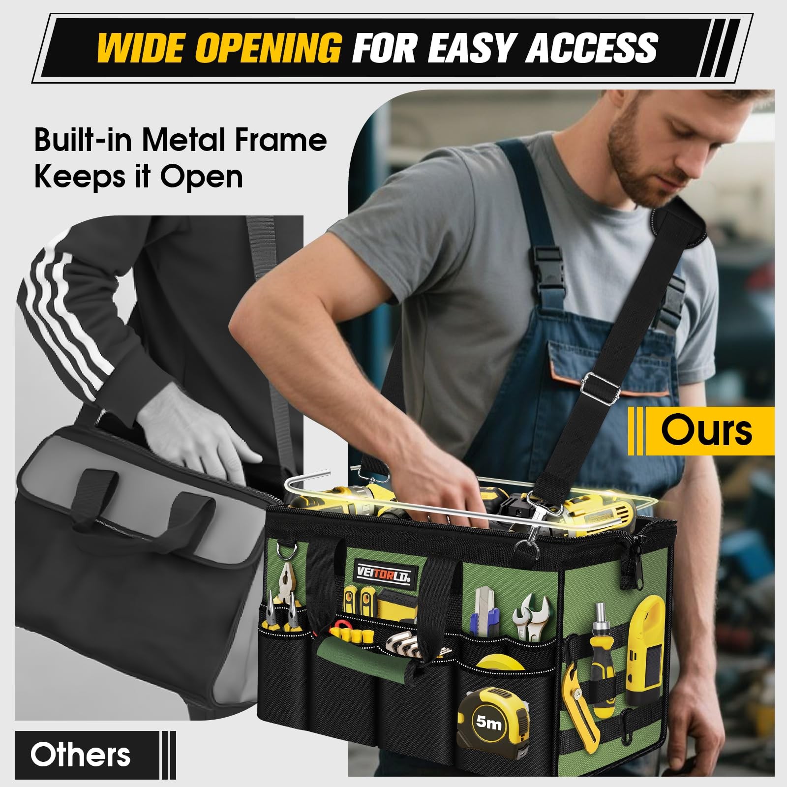 Heavy Duty Tool Bag 16 Inch 19 Pocket Organizer Green Portable Wide Mouth