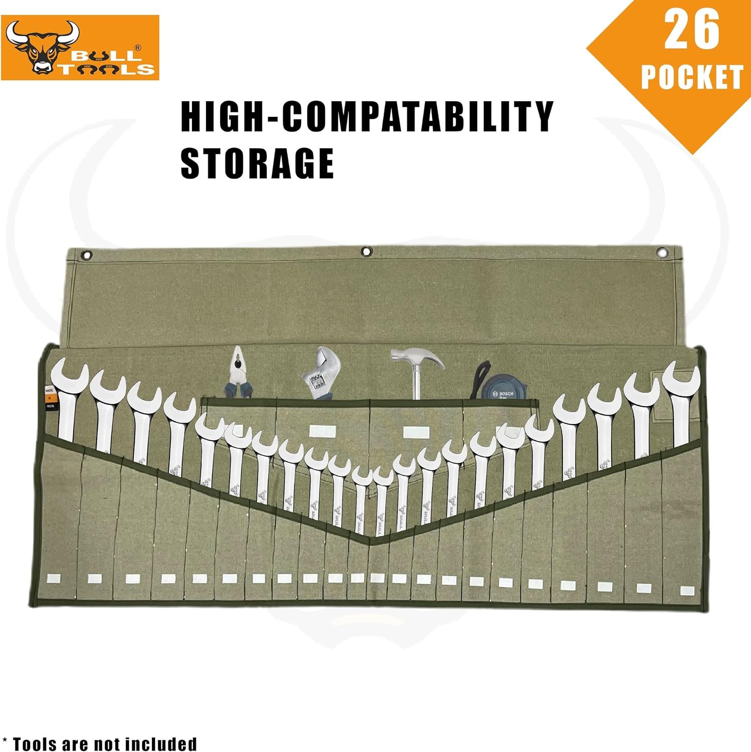 BULL TOOLS Tool Roll Organizer with 26 Pockets for Wrenches, Metric & SAE Durabl