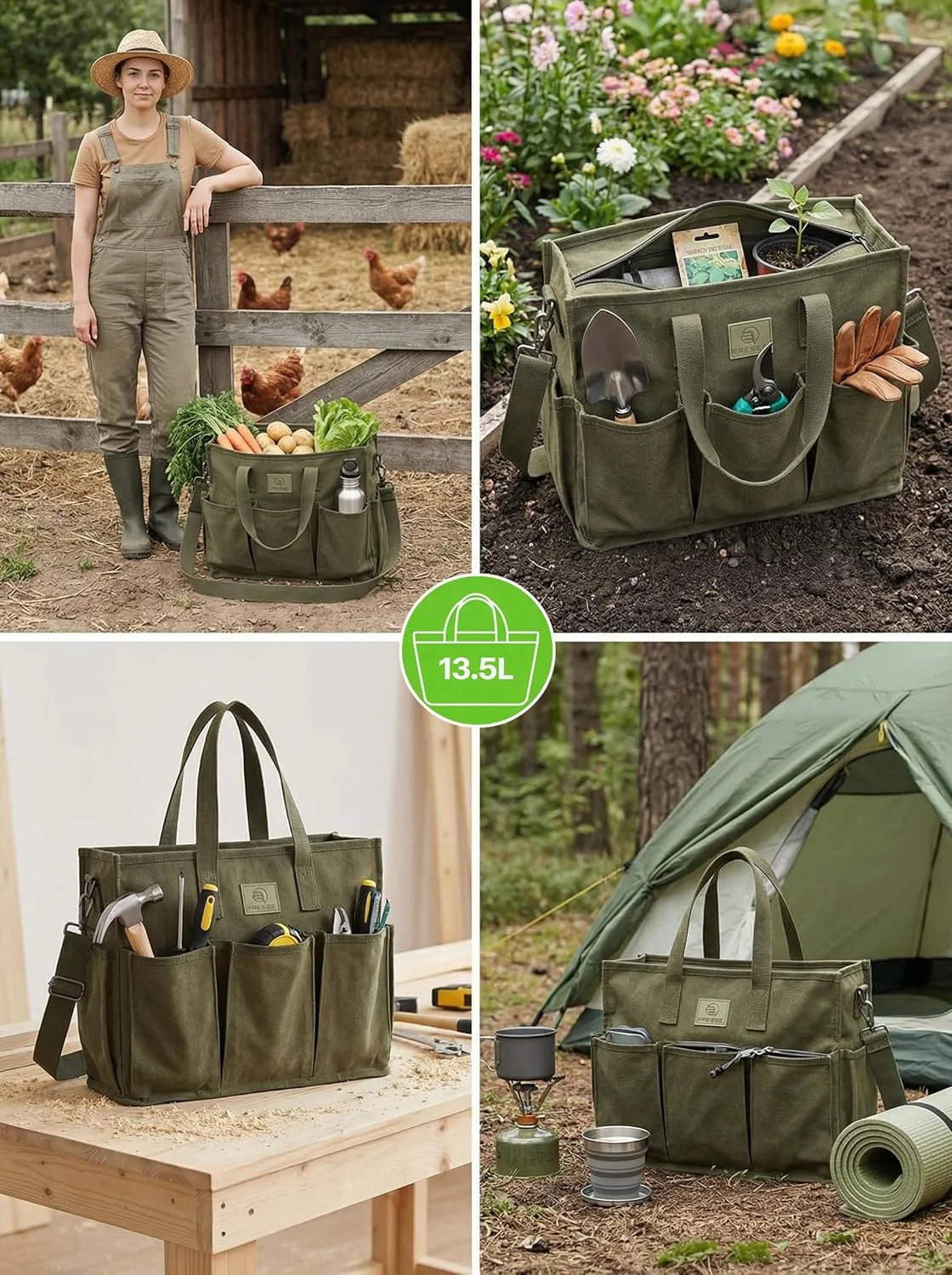 Heavy Duty Canvas Gardening Tote Bag with Pockets, Large Capacity Tool Organizer