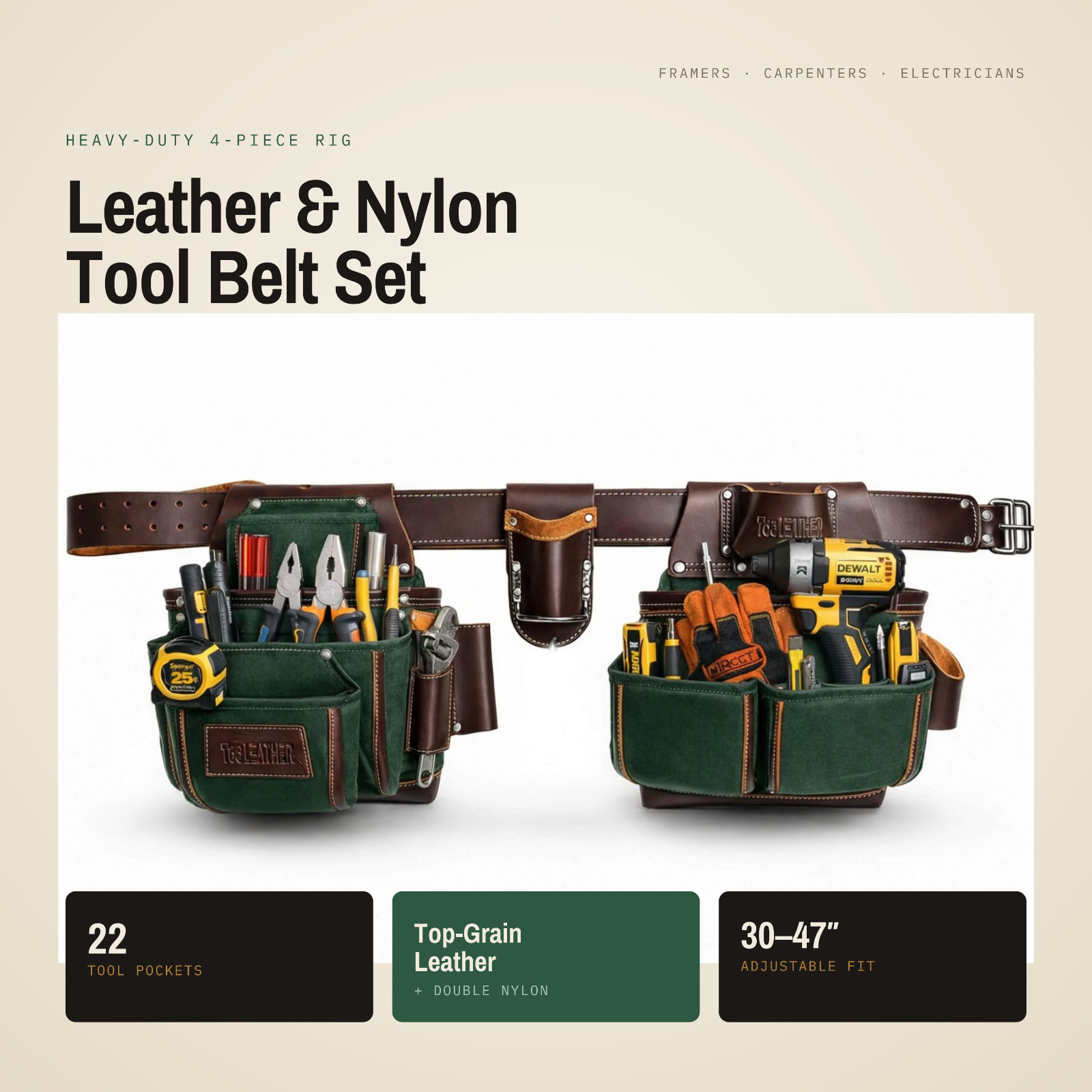Leather Tool Belt for Men – Heavy Duty Carpenter Tool Belt with Multiple Pockets
