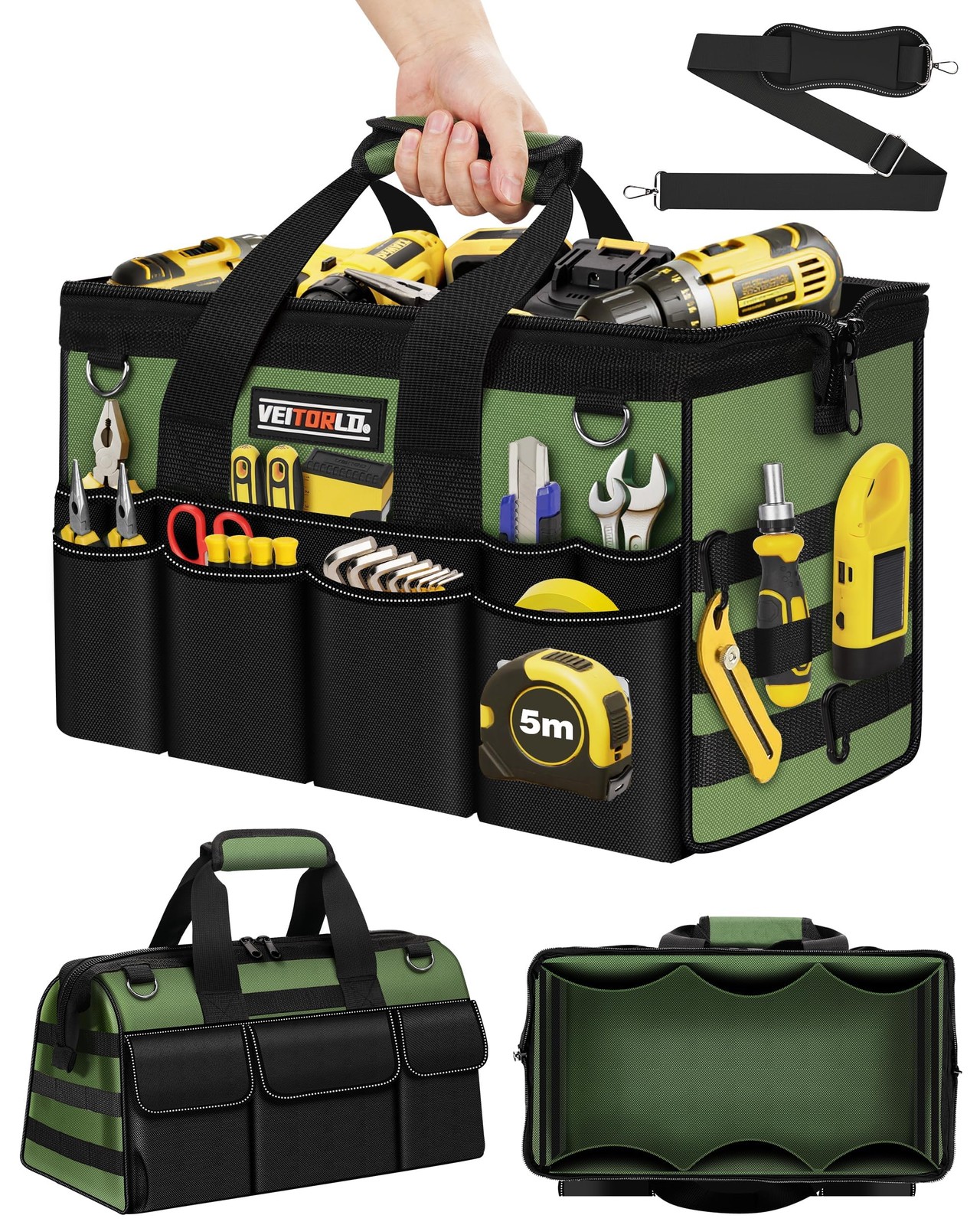 Heavy Duty Tool Bag 16 Inch 19 Pocket Organizer Green Portable Wide Mouth