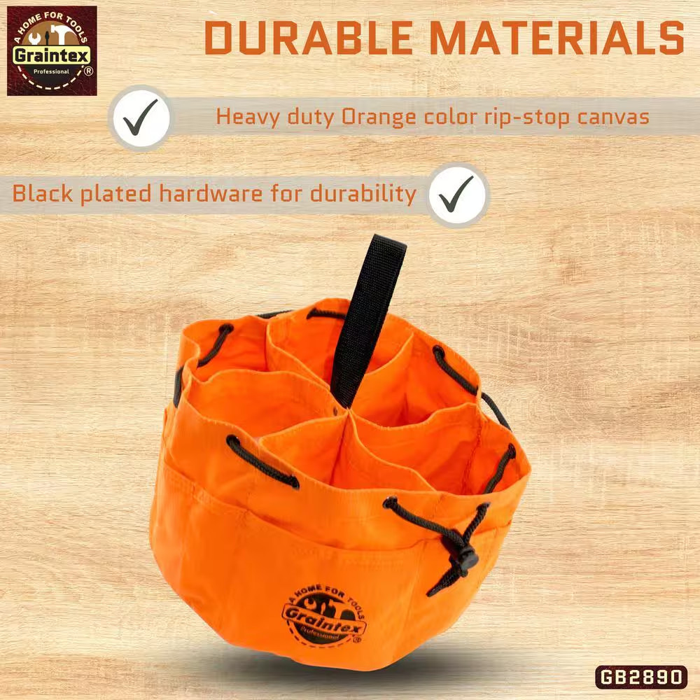 10 In. 6-Pocket Grab Tool Bag with Drawstring Closure in Orange Canvas