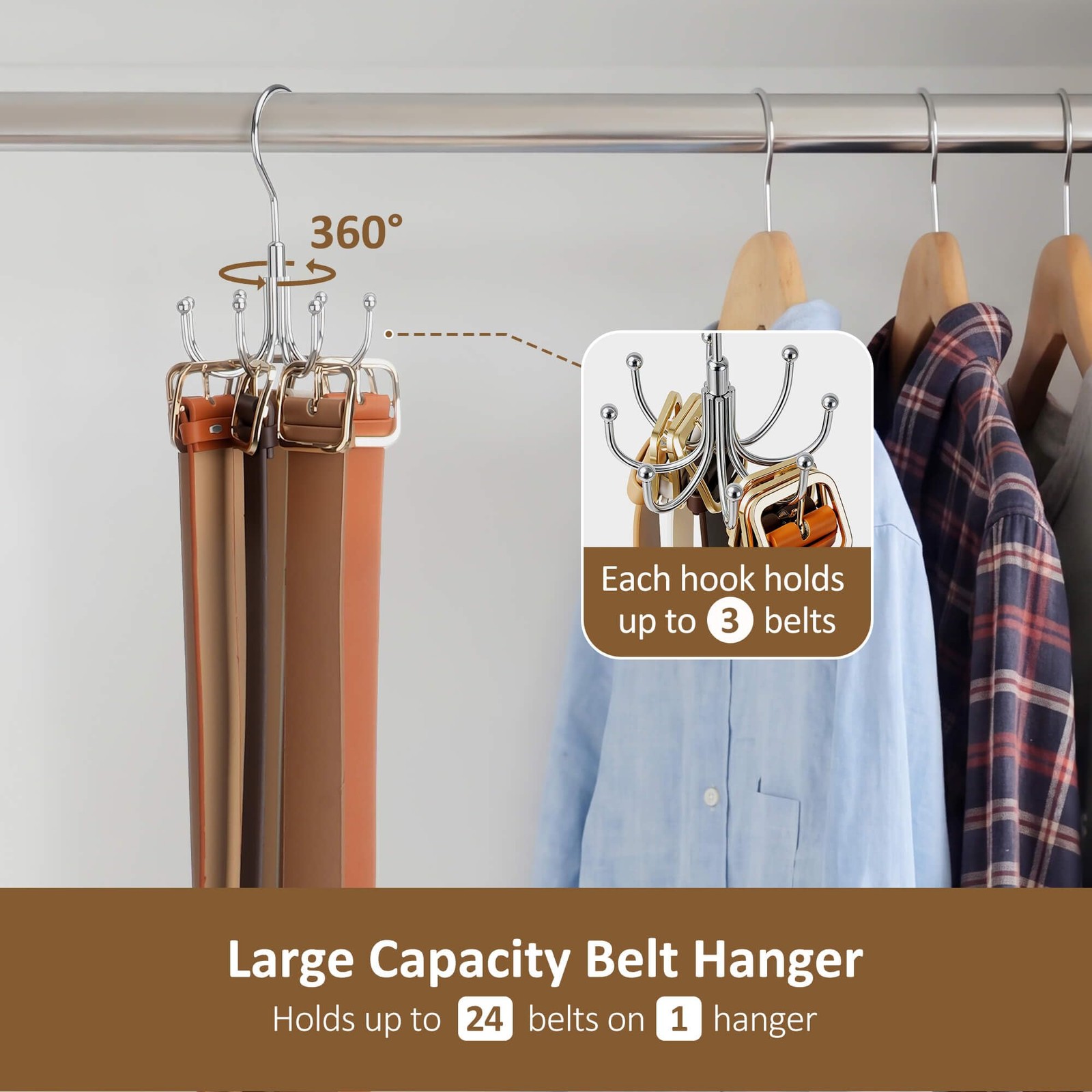 ZEDODIER Belt Hanger for Closet, 1 Pack–Round Hook Hanger, Silver