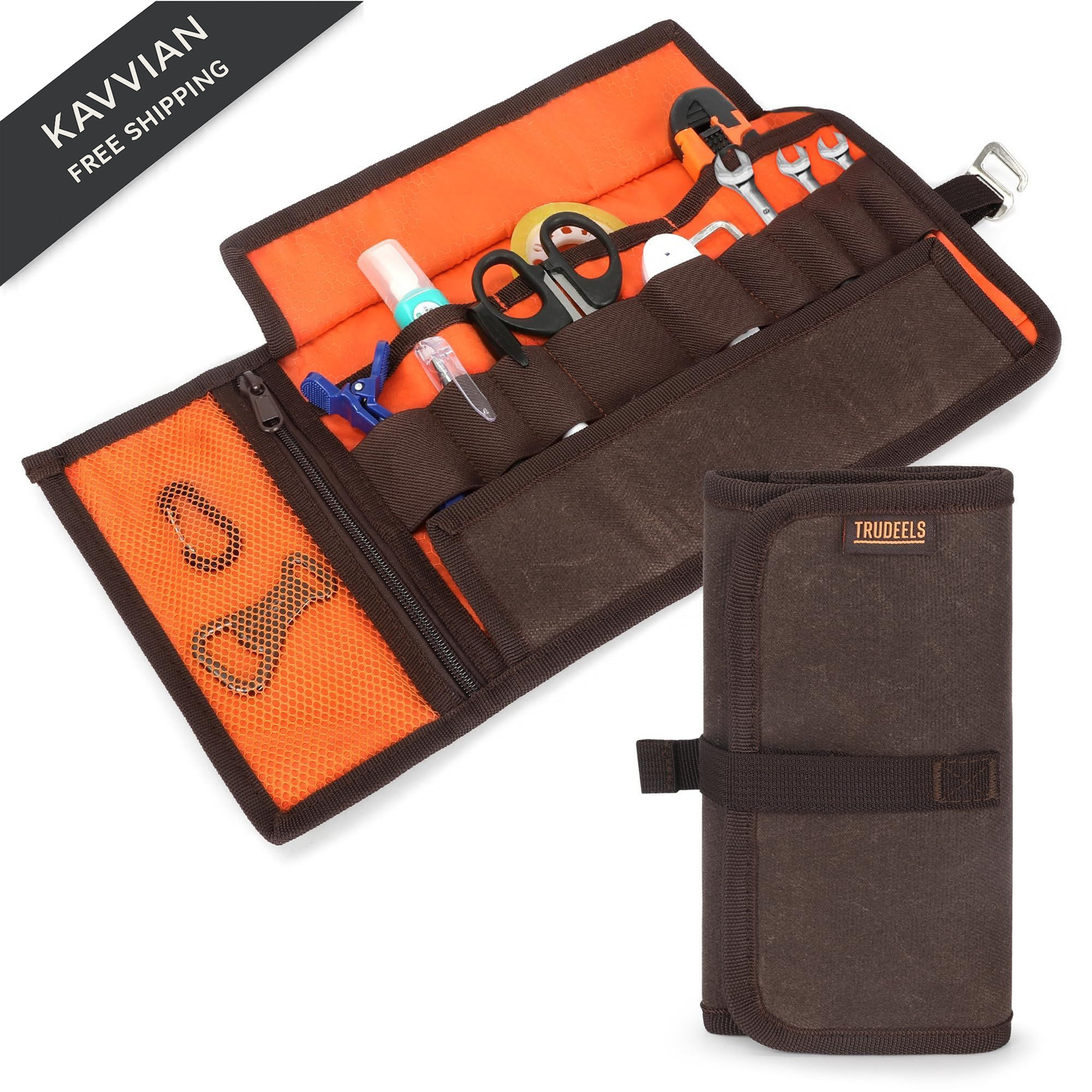 Exterior: Dark Brown 20oz waxed canvas Interior: Hi-Vis Orange ripstop lining