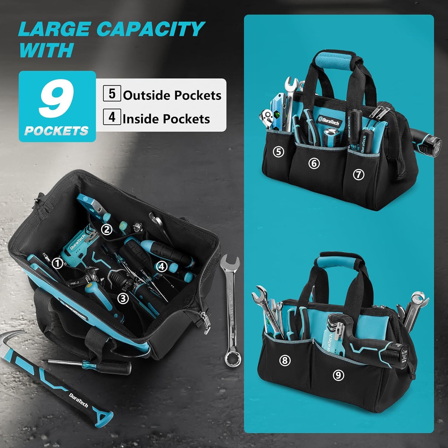 DURATECH 13-in Small Wide Open Mouth Tool Bag 9 Pockets Thickened Fabric Toolbag
