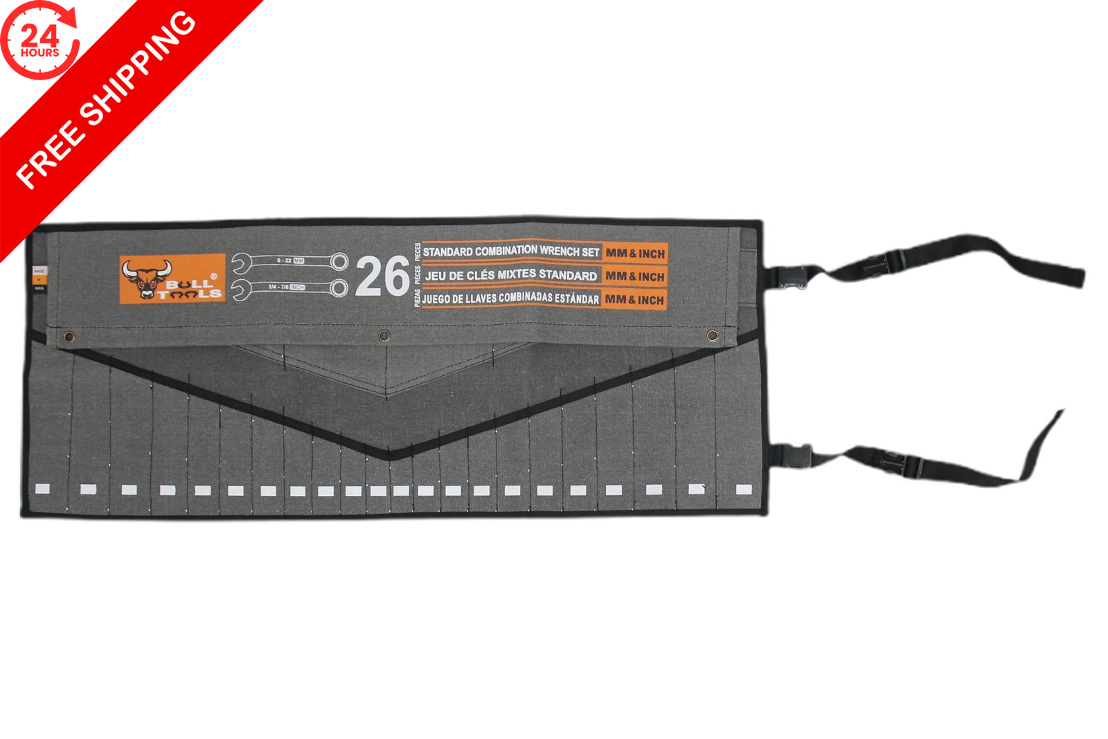 Wrench Roll, 26 Pocket Roll Up Pouch, Metric SAE 26 Pocket, Sand Washed Grey