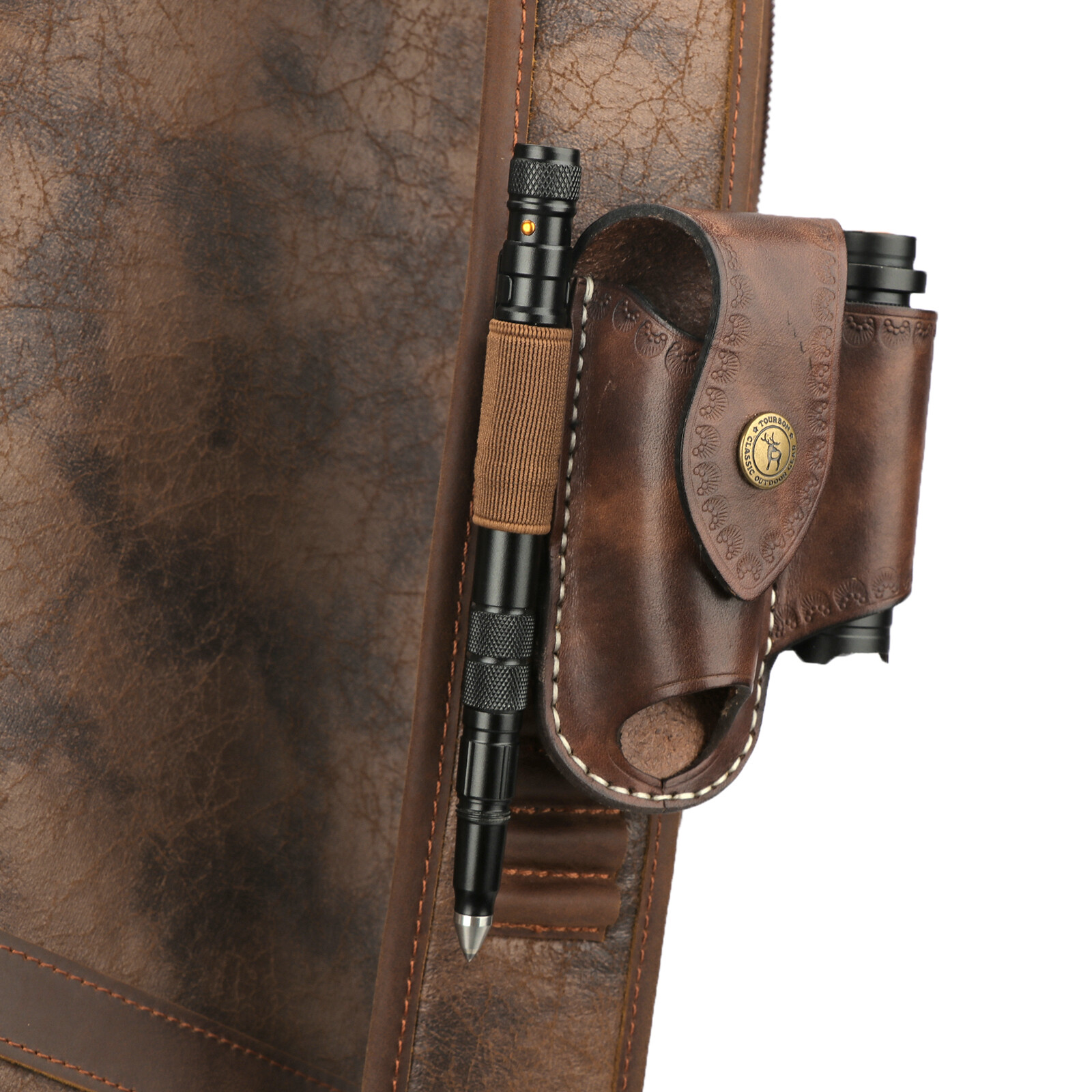 TOURBON Leather Folding Knife Sheath Belt Holster Pouch Multitools EDC Hold Case