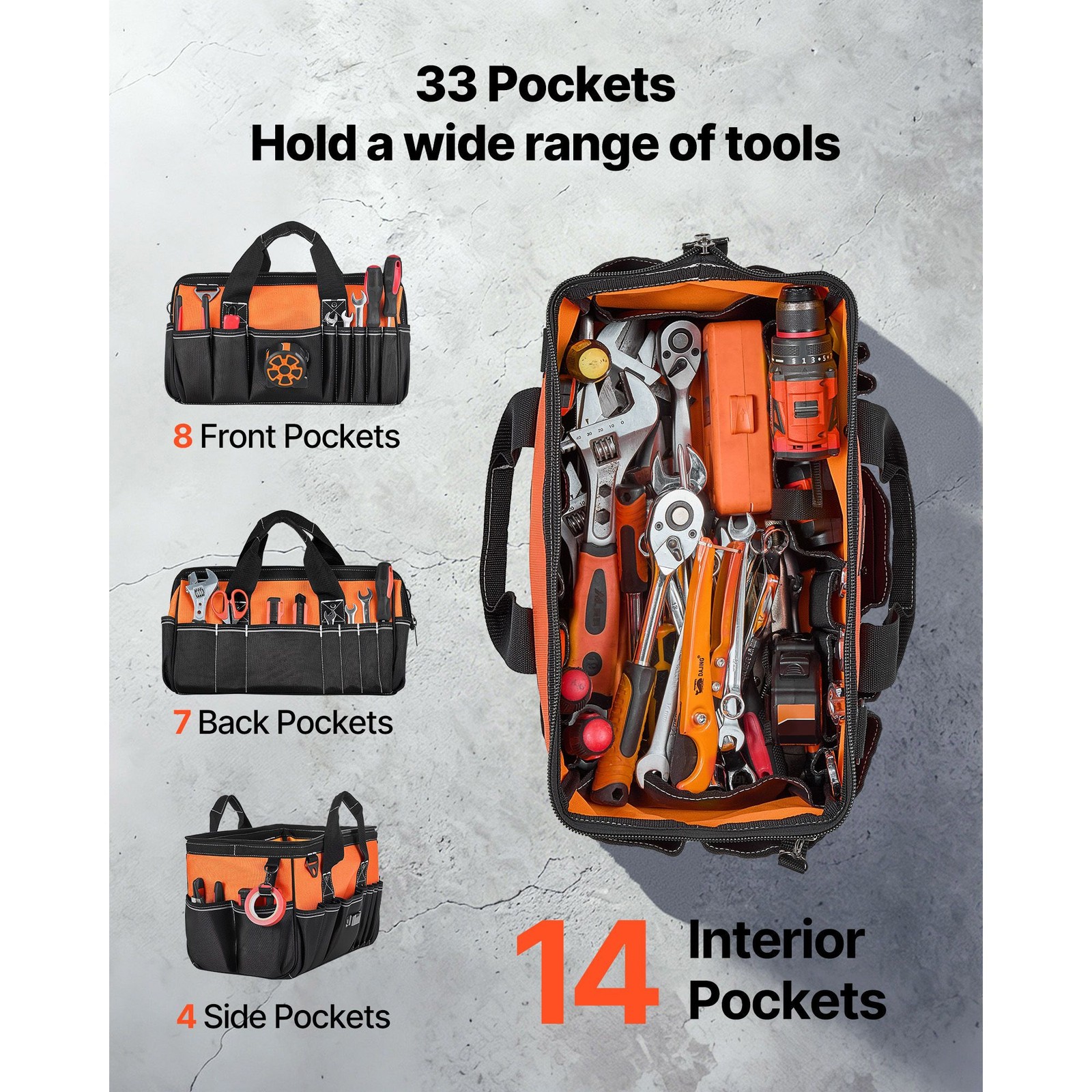 33 Pocket Tool Bag 15.7in 1680D Polyester Organizer with Power Tool Compartment