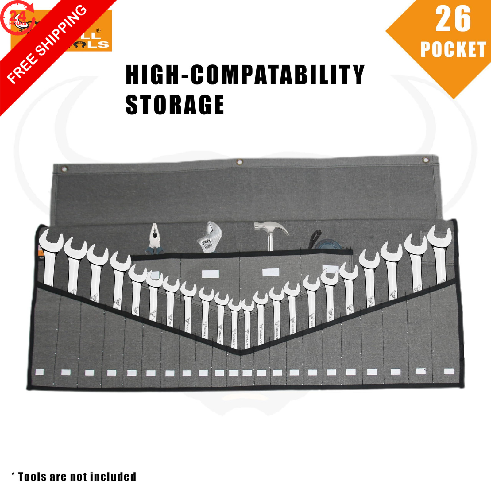 Wrench Roll, 26 Pocket Roll Up Pouch, Metric SAE 26 Pocket, Sand Washed Grey