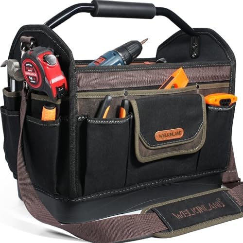 WELKINLAND 16” Hard-Bottom Tool Tote,32-Pocket Electrician Tool Tote Bag | H…