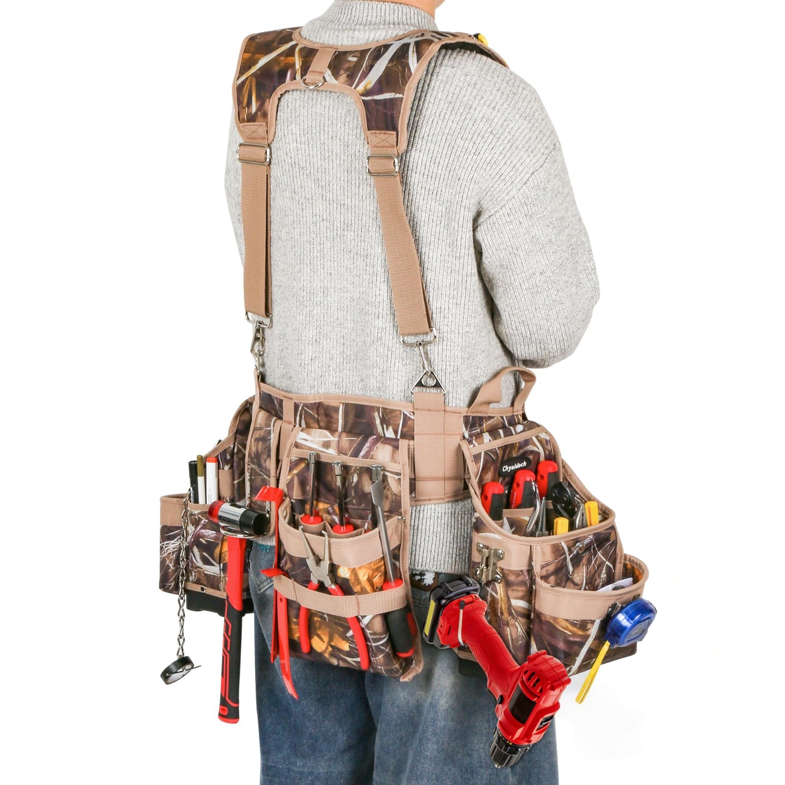 Heavy Duty Camo Tool Belt Set with Suspenders & Pouches, Carpenter Electrician R