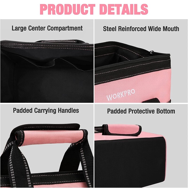 WORKPRO 13-Inch Tool Bag Wide Mouth Tool Tote Bag Tool Storage Bag Blue/Pink NEW
