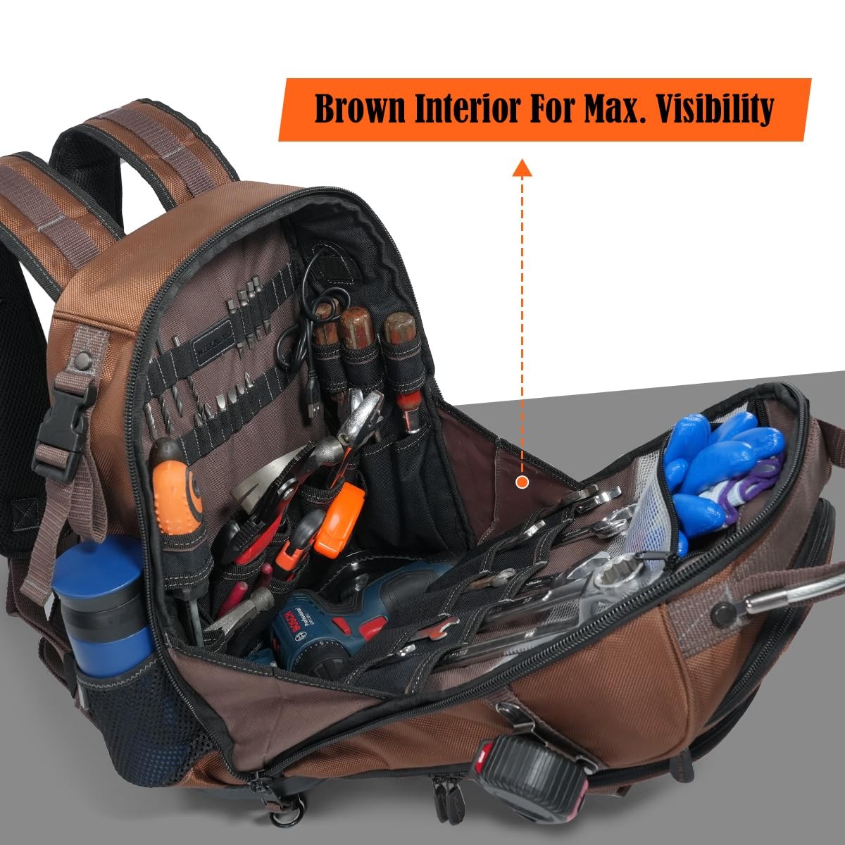 WELKINLAND-70Pockets HVAC Backpack, Heavy-Duty Electrician Tool Brown & Black