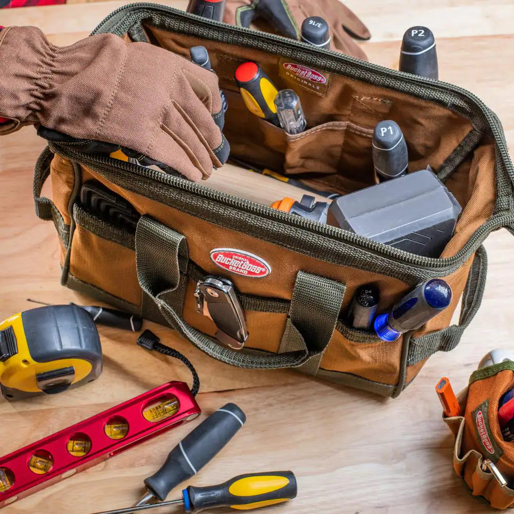12 In. Gatemouth Tool Bag with Zippered Top and 16 Total Pockets