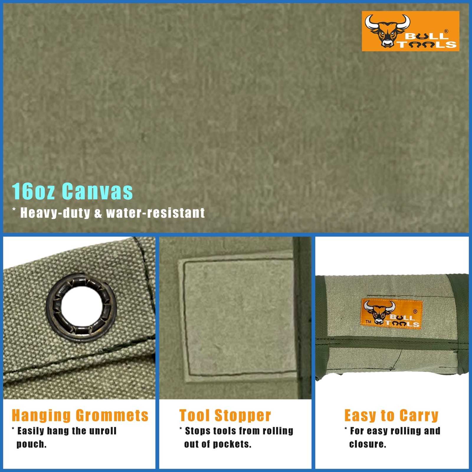 BULL TOOLS Wrench Roll, 26 Pocket Tool 26 Pocket, Sand Washed Olive Drab