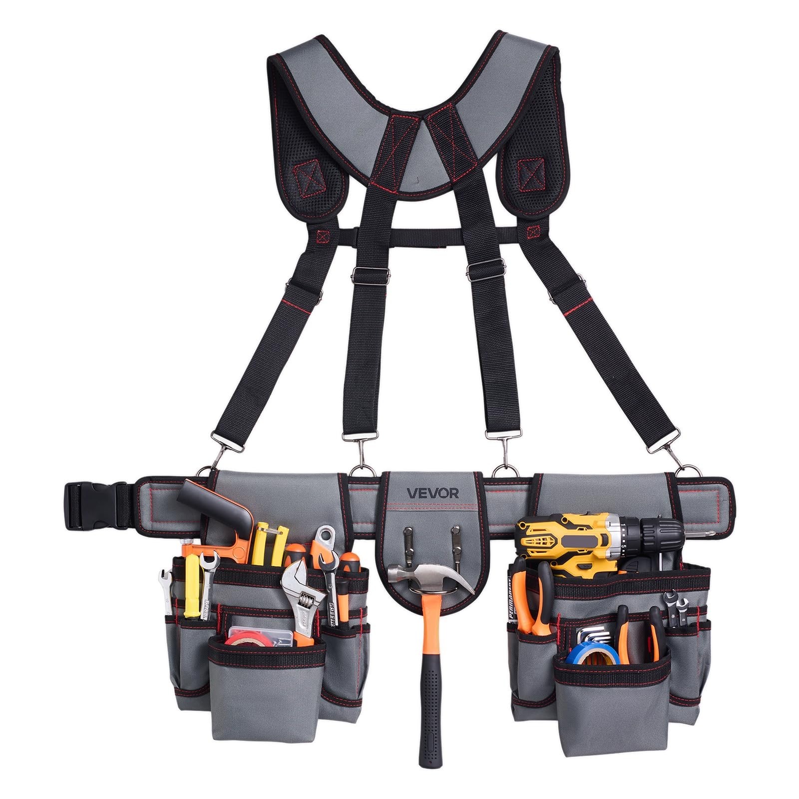 Heavy Duty Tool Belt with 22 Pockets, Adjustable Suspenders for Electricians & C