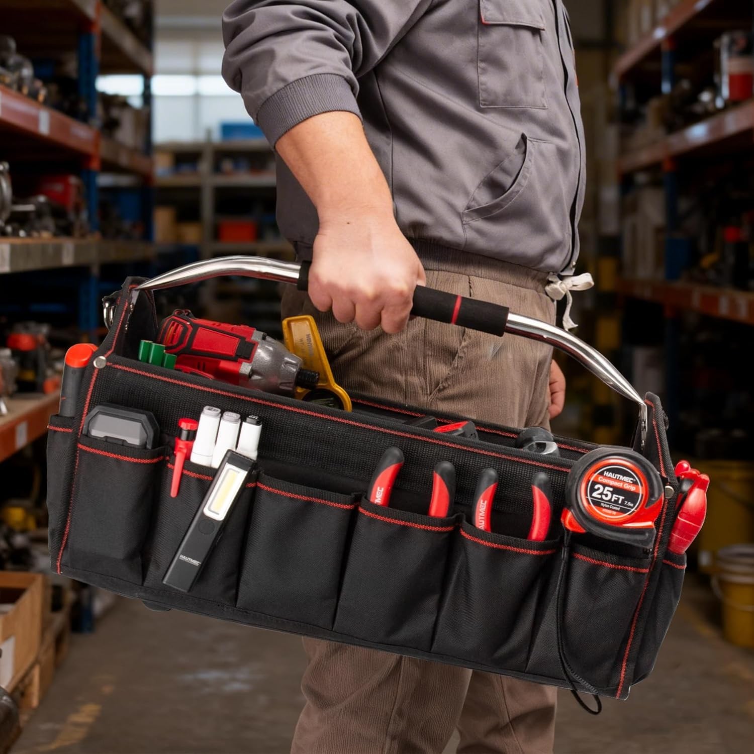 HAUTMEC 18″ Foldable Tool Tote 23 Pockets for Electrician