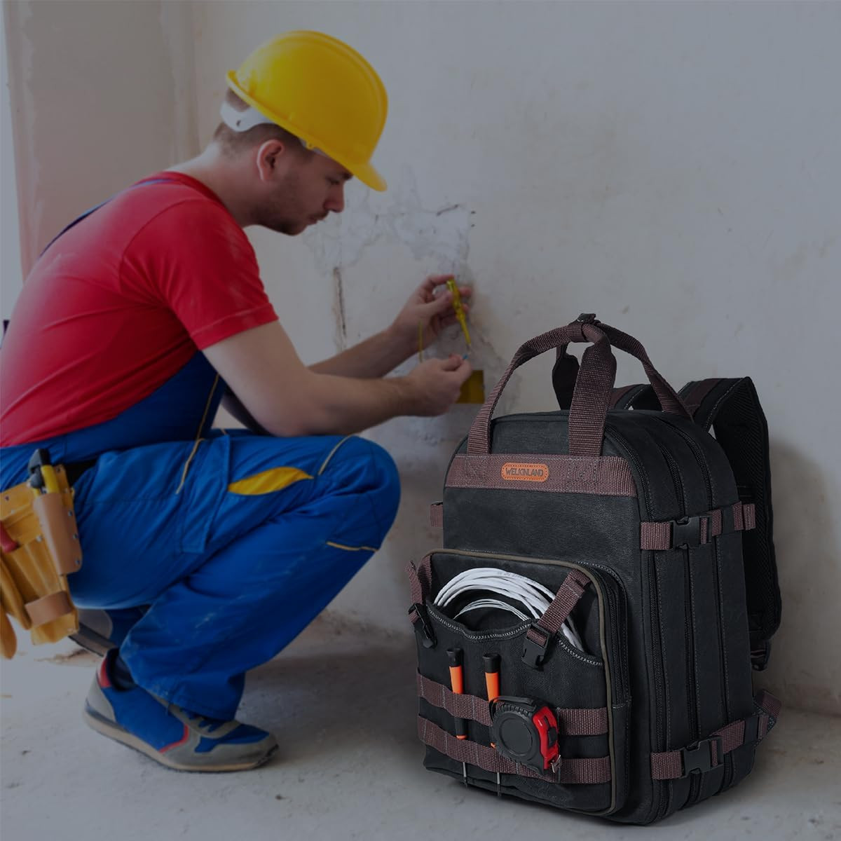90-Pockets Electrician Backpack, Wax-Canvas Tool Backpack Heavy Duty, Convenient