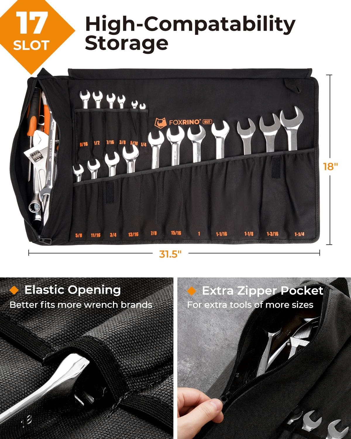 Foxrino Wrench Roll, Roll Up Pouch, 17-Pocket Heavy 17+1 SAE, Black