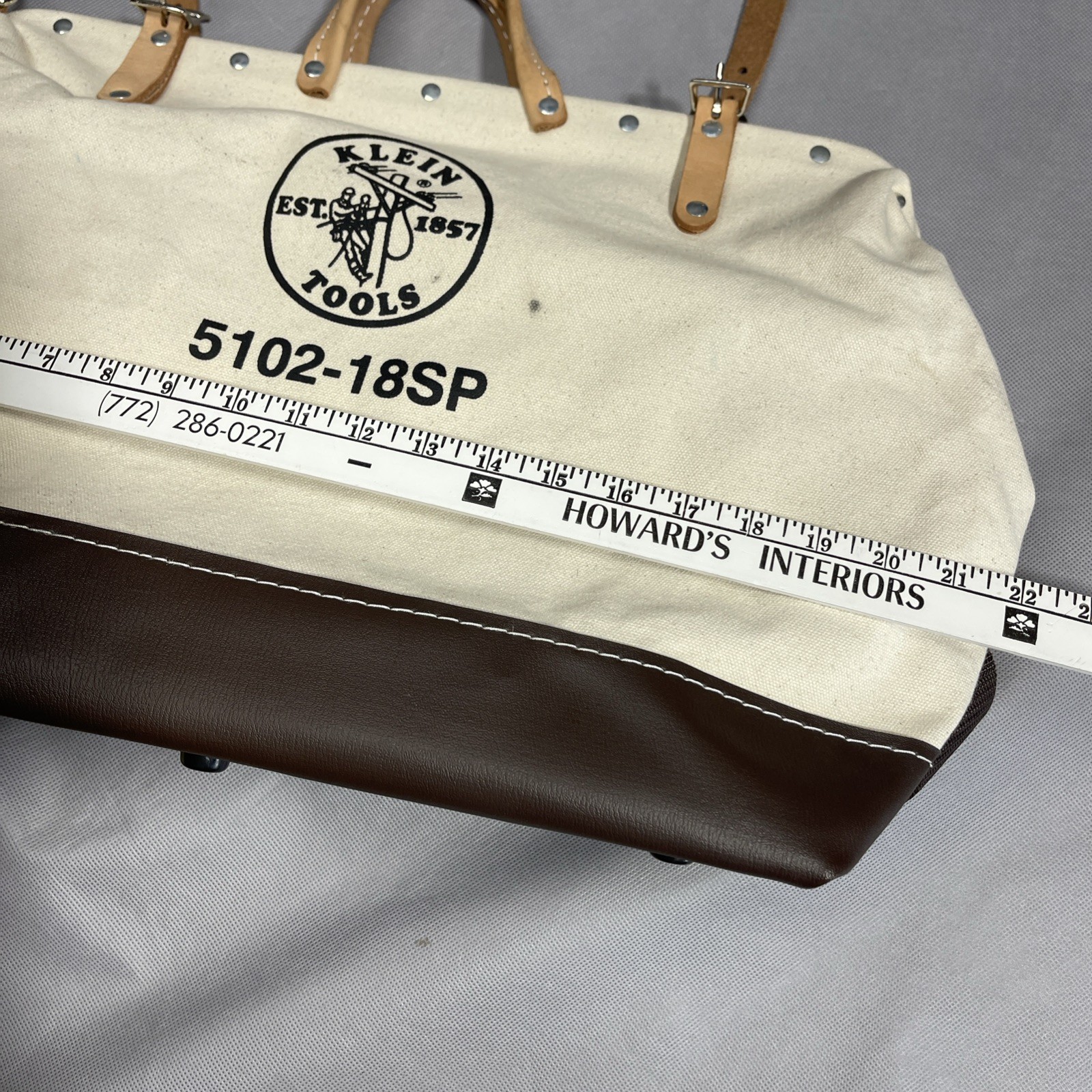 Klein Tools 5102-18 Canvas Tool Bag Large Beige Brown Leather Bottom Heavy Duty