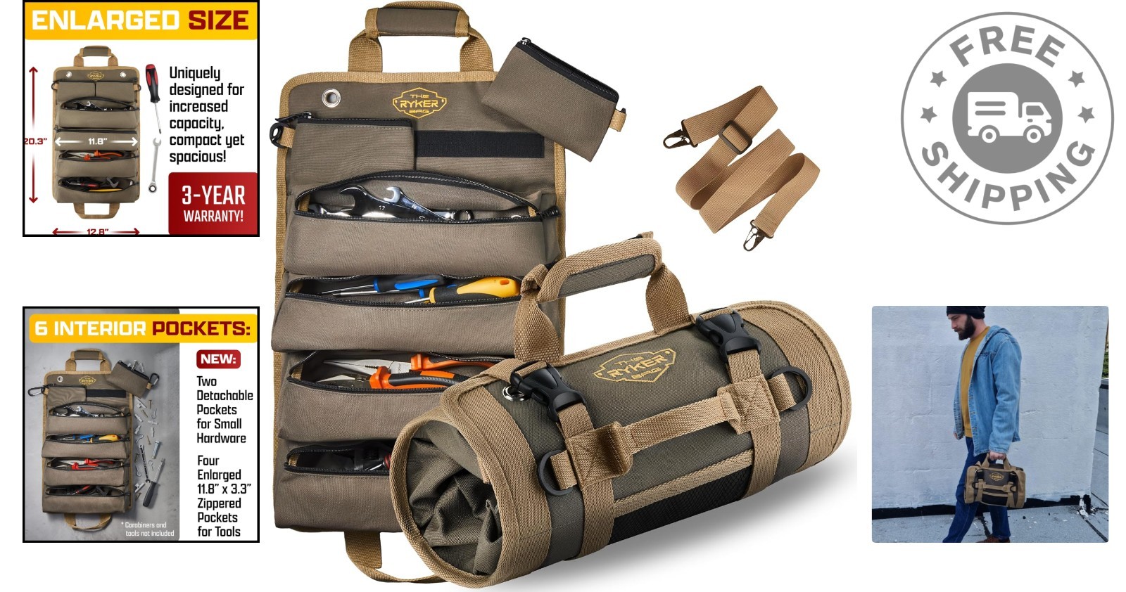 Portable 6-Pocket Rollup Tool Bag – Water-Resistant for Mechanics & Electricians